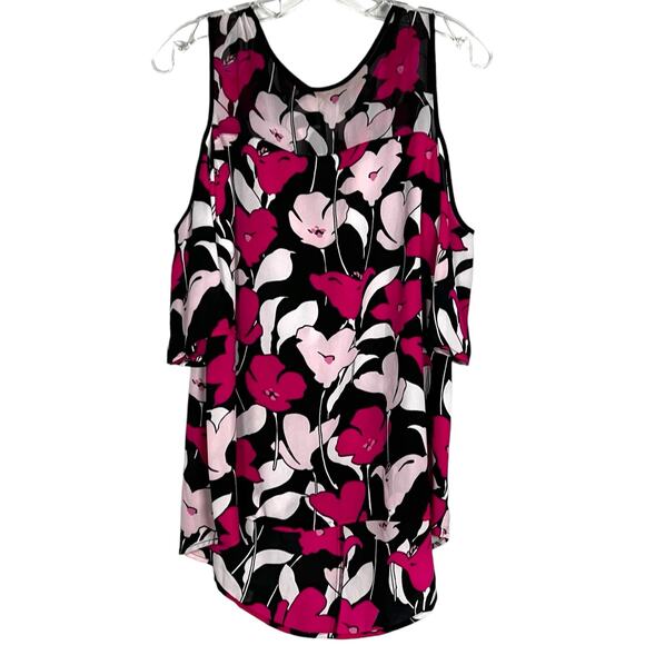 Vince Camuto Floral Flowy Blouse Short Sleeves Top Cold Shoulder Black Pink Sz M - Picture 1 of 11